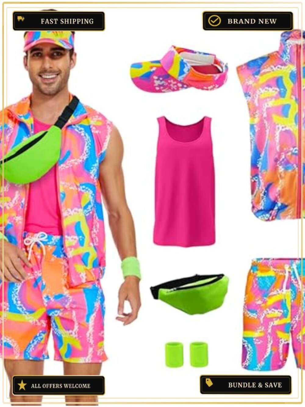 Mens 80s Workout Costume Set with Tank Top Vest Shorts Wristbands Visor